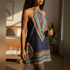BAND OF GYPSIES | Bold Tribal Geometric Multicolor Black Halter Mini Dress | M
